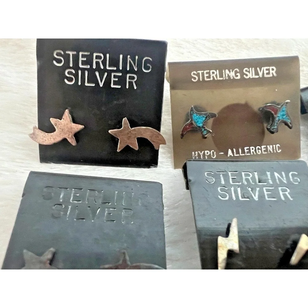 Lot Sterling Silver Stud Earrings Tiny Lightning Bolt Moon Star Rain Turquoise - Picture 4 of 13
